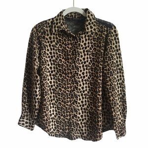 Zara Basic Lace Cheetah Top Button Down Small Long Sleeve Animal Print Blouse